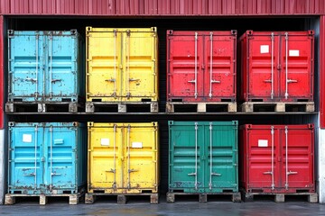 Colorful stacked cargo containers on wooden pallets.