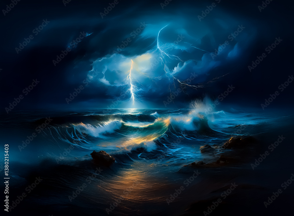 Poster The image shows a dark sea under a stormy sky, with flashes of lightning illuminating the waves. The ocean churns with crashing waves, creating a dramatic atmosphere. Hints of light on the water sugge