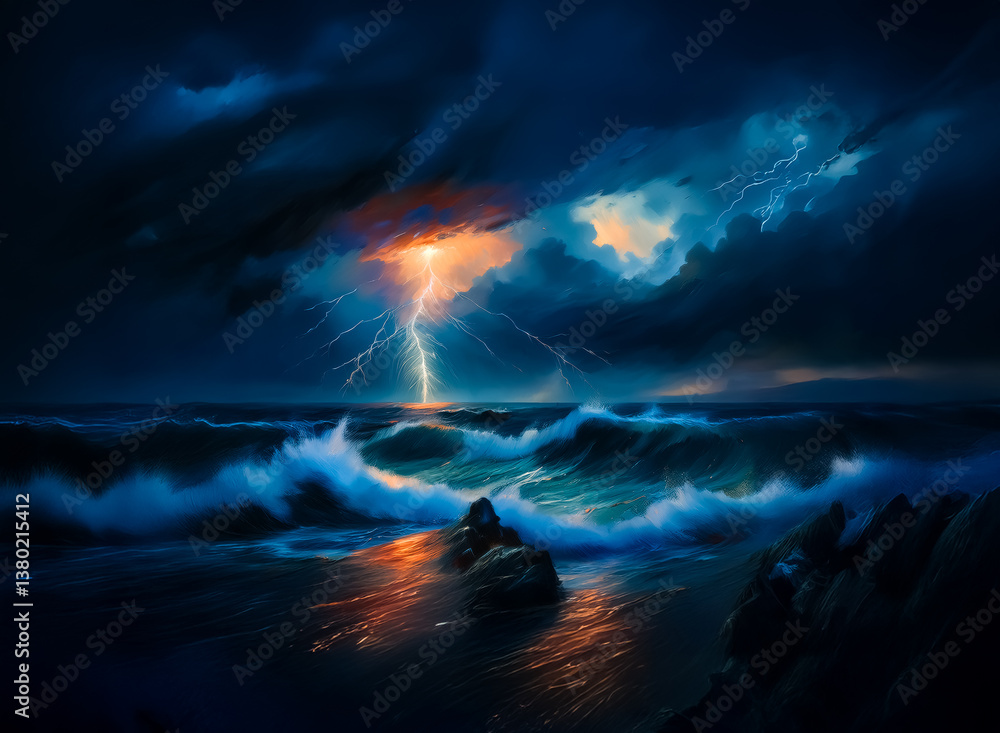 Aufkleber a tempestuous seascape shows ocean waves crashing against rocks beneath a stormy sky. lightning stri