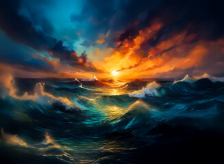 Obraz premium Ocean waves under a dramatic sunset sky. The golden sunlight reflects on the water as clouds swirl above, painting the scene with vibrant colors.