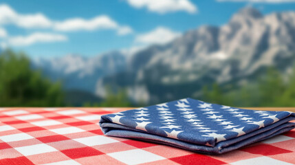 independence day, beautiful picnic scene featuring checkered tablecloth and star patterned napkin symbolizes independence day