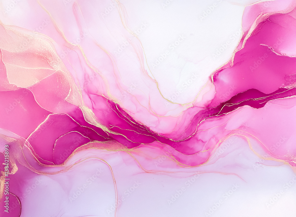 Aufkleber Pink and golden abstract art with flowing shapes. Delicate pink hues blend with golden streaks creating a soft, fluid, and elegant design.