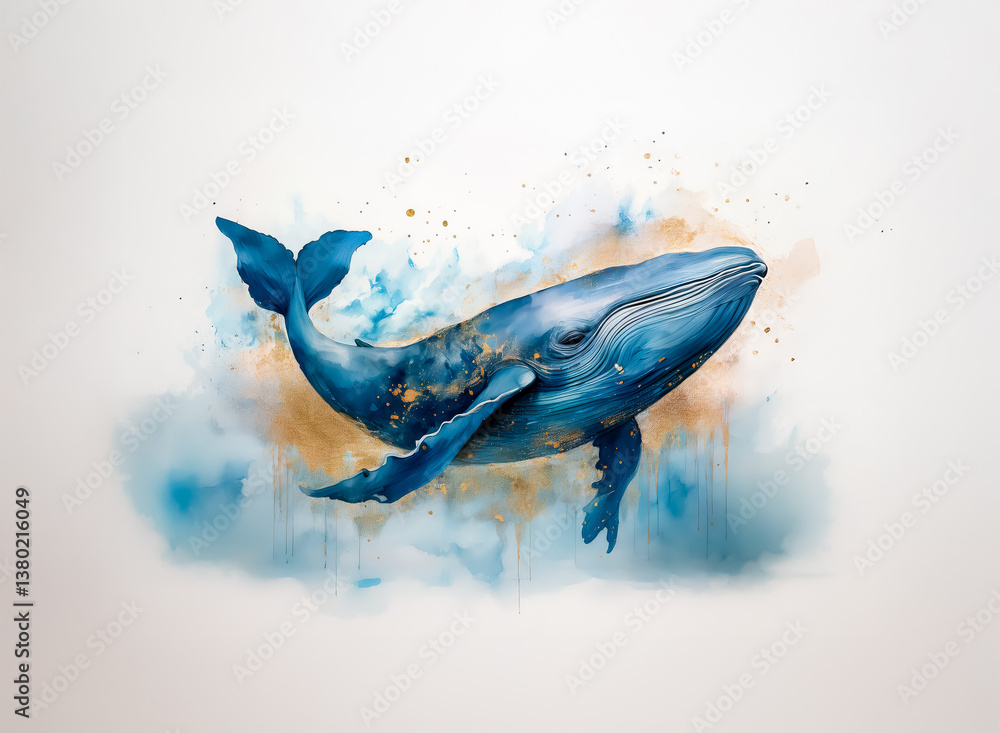 Aufkleber a majestic blue whale swims through ethereal watercolor splashes. hints of gold flecks add sparkle a