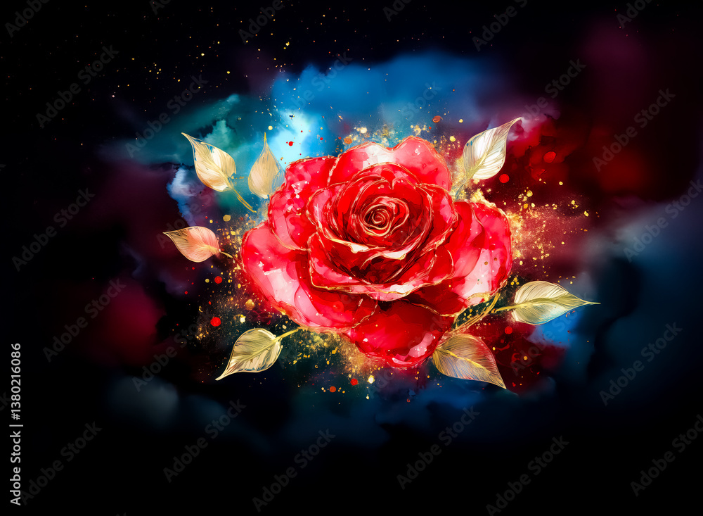 Poster a vibrant red rose with golden accents and leaves is centered against a dark backdrop with colorful 