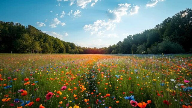 Vibrant wildflowers bloom in expansive meadow with stunning sunset
