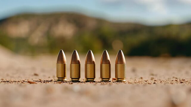 A row of five bullets are on the ground. The image has a mood of danger and violence