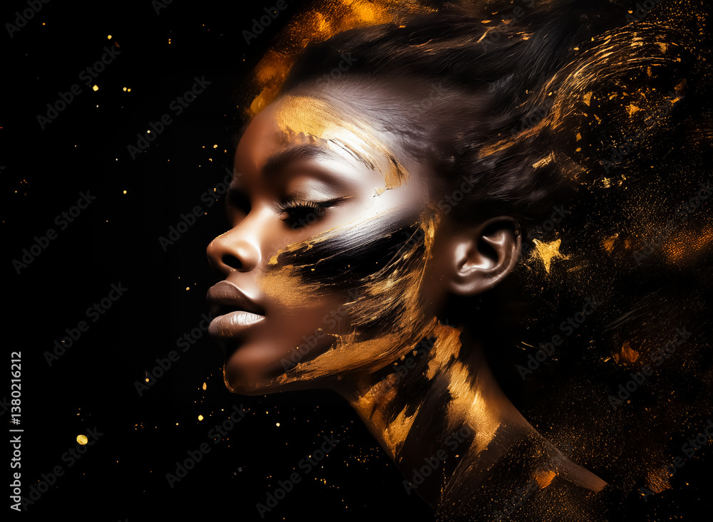 Poster a portrait of a person with gold accents, set against a black backdrop. the image has a textured loo