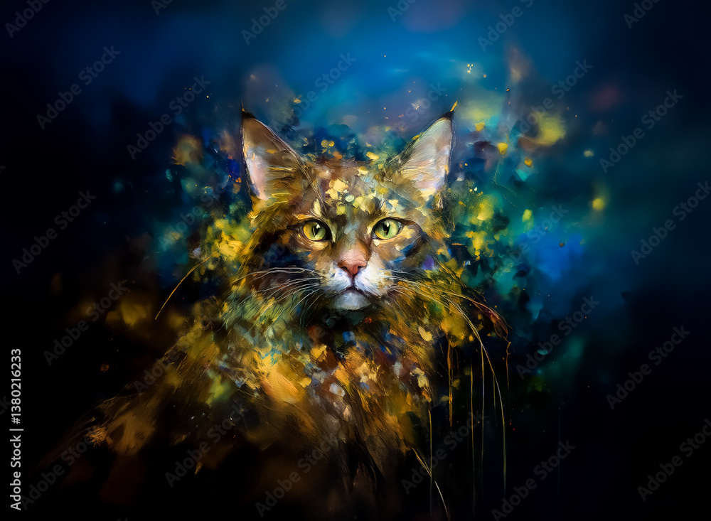 Fototapete a captivating feline portrait emerges from an abstract, colorful explosion of paint. hints of fur bl