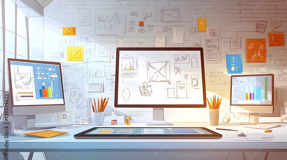 Poster A well organized and creative workspace for a graphic designer featuring a large drawing tablet multiple digital screens displaying data and designs and a wall covered in colorful sketches and