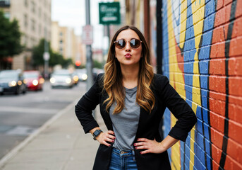 Fototapeta premium Stylish Woman in Sunglasses Blowing a Kiss by a Colorful Wall - Urban Fashion Portrait - International Kissing Day