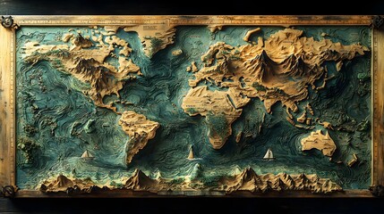 A highly detailed topographic world map showcasing the Earth s diverse landscapes and landforms