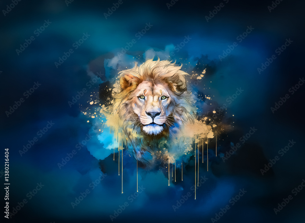 Poster majestic lion portrait with a golden mane emerges from a dark, abstract, watercolor-like background 