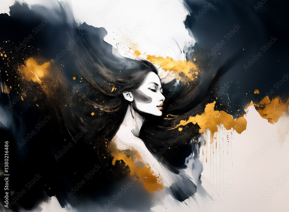 Poster the artwork depicts a beautiful woman with flowing hair merging with ink and golden hues, creating a