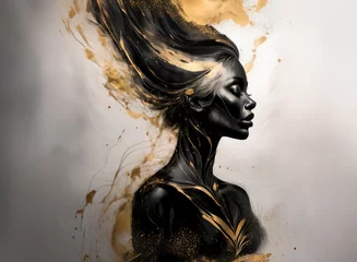 Wanddecoratie Zwart goud An elegant figure, rendered with black and gold in a portrait style. Hints of flowing hair and liquid-like accents suggest movement, against a neutral background.  © YiuCheung