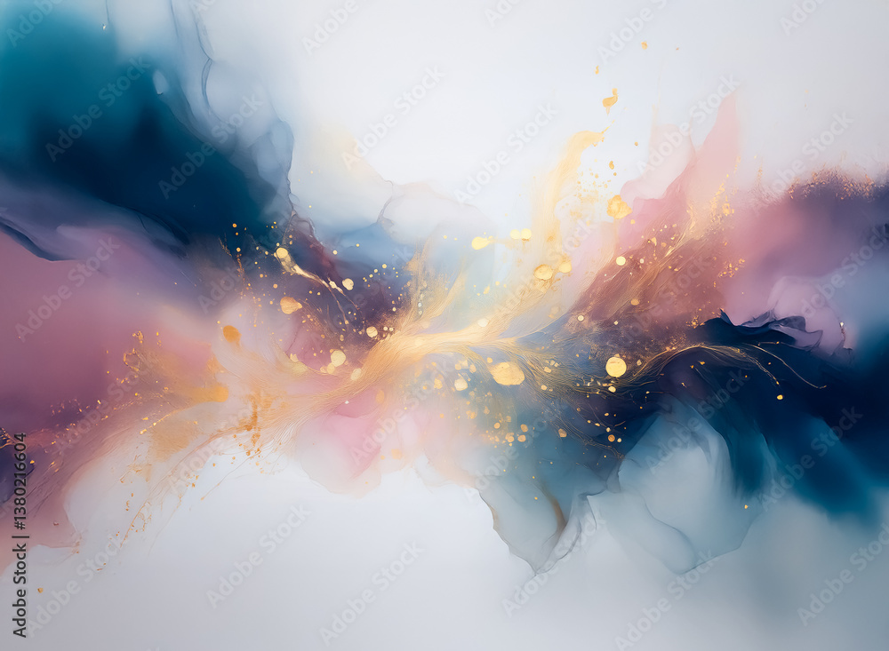 Aufkleber hints: fluid art with colors spreading and gold effect. fluid art piece featuring a swirling mix of 