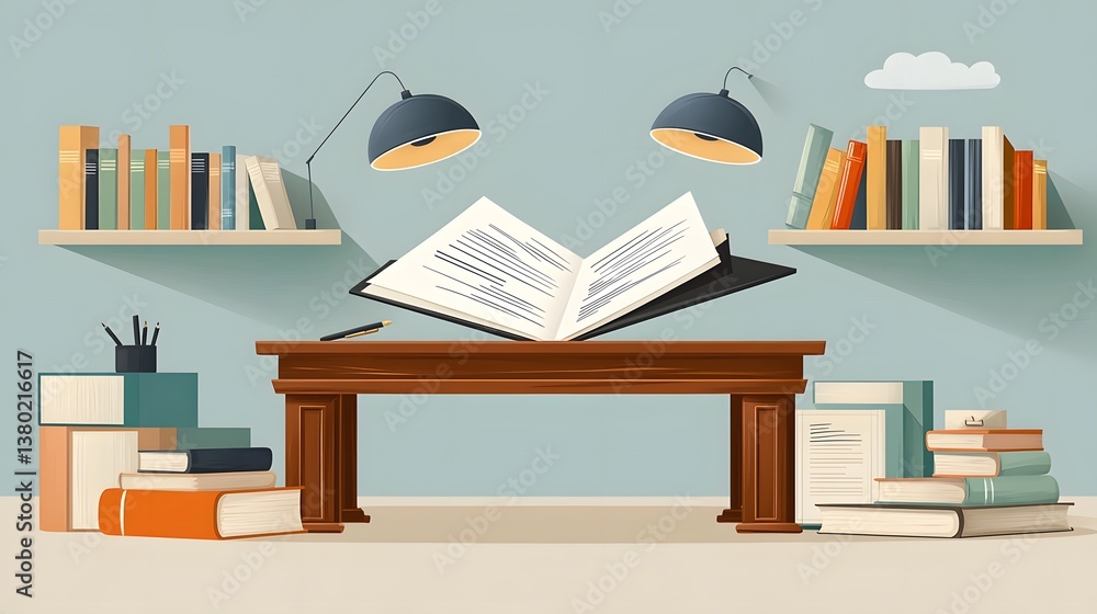 Poster a well organized office space with a wooden desk shelves filled with books and an open contract docu