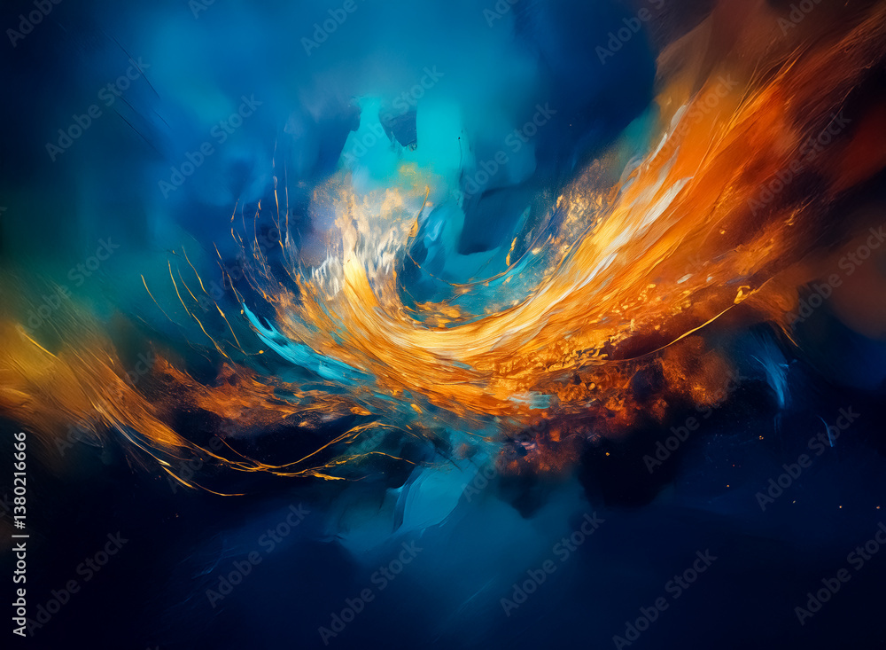 Aufkleber An abstract, fiery vortex emerges from a deep blue background. Hints of light aqua and burnt orange combine with darker shades. The composition evokes a sense of energy and movement.