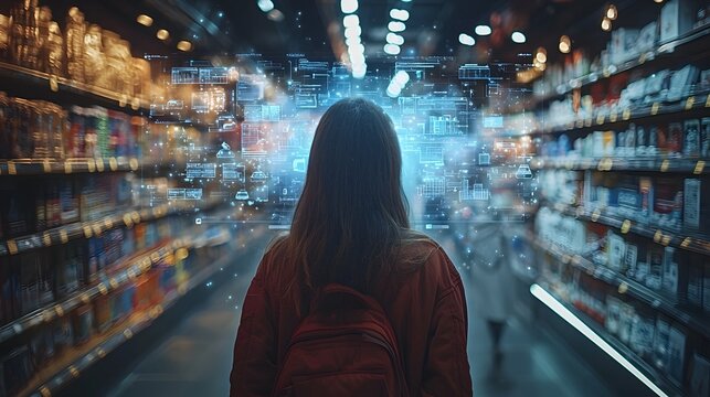 Holographic shopping interface showcases products in a futuristic store setting