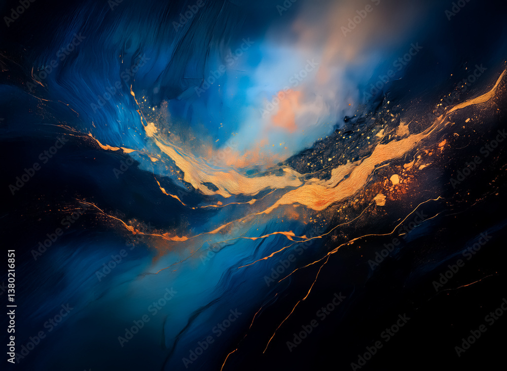 Poster abstract artwork featuring swirling blues and shimmering gold accents, creating a celestial or cosmi