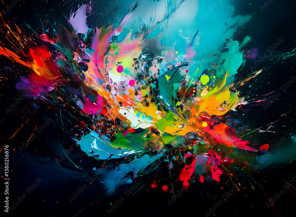 Poster A vibrant explosion of color bursts forth from darkness, a dynamic display. Hints of a central focus, radiating hues. A painterly splash of vibrant energy.