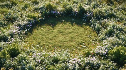 Circular arrangement of colorful flowers in a vibrant green field under a clear blue sky