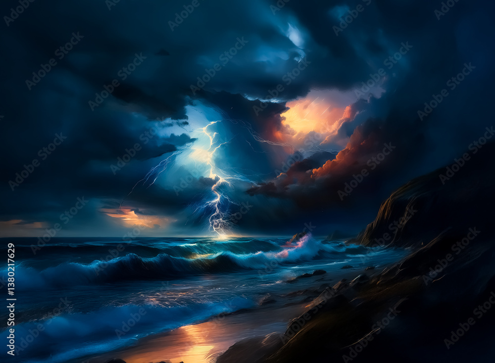 Poster a dramatic coastal scene unfolds. the ocean storms with waves crashing against the shore, illuminate