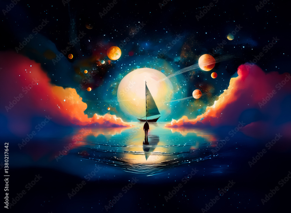 Poster a lone figure with a sailboat gazes at a large moon in a vibrant, starry cosmos with planets and col