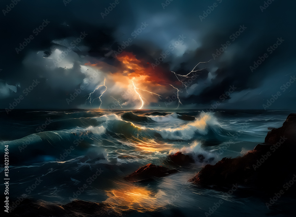 Poster a dramatic seascape captured during a powerful storm. the ominous dark clouds dominate the sky, punc