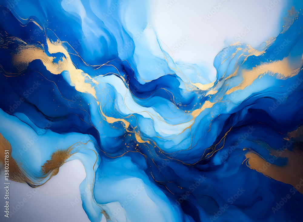 Aufkleber an abstract composition featuring swirling blues and shimmering gold. fluid forms, dynamic movement,