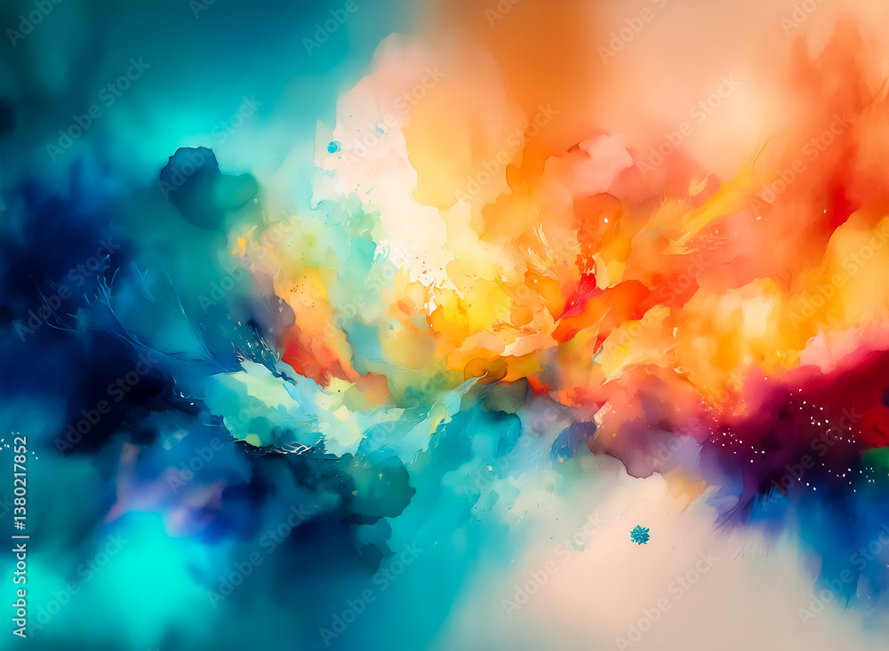 Poster abstract, vibrant watercolor painting showcasing a burst of colorful clouds. hints of teal, orange, 