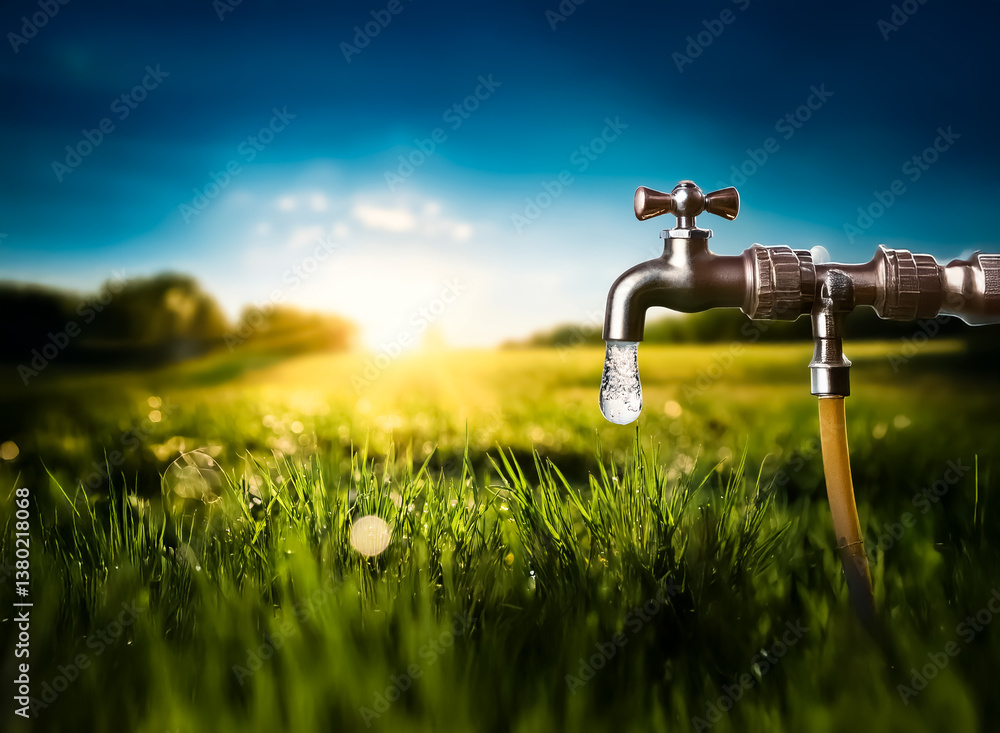 Poster water drips from a faucet in a green field under a bright sunny sky. represents water resources and 