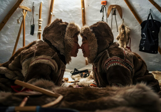 Tender Moment: Inuit Children Share Warmth in an Igloo - A Glimpse into Arctic Life - International Kissing Day