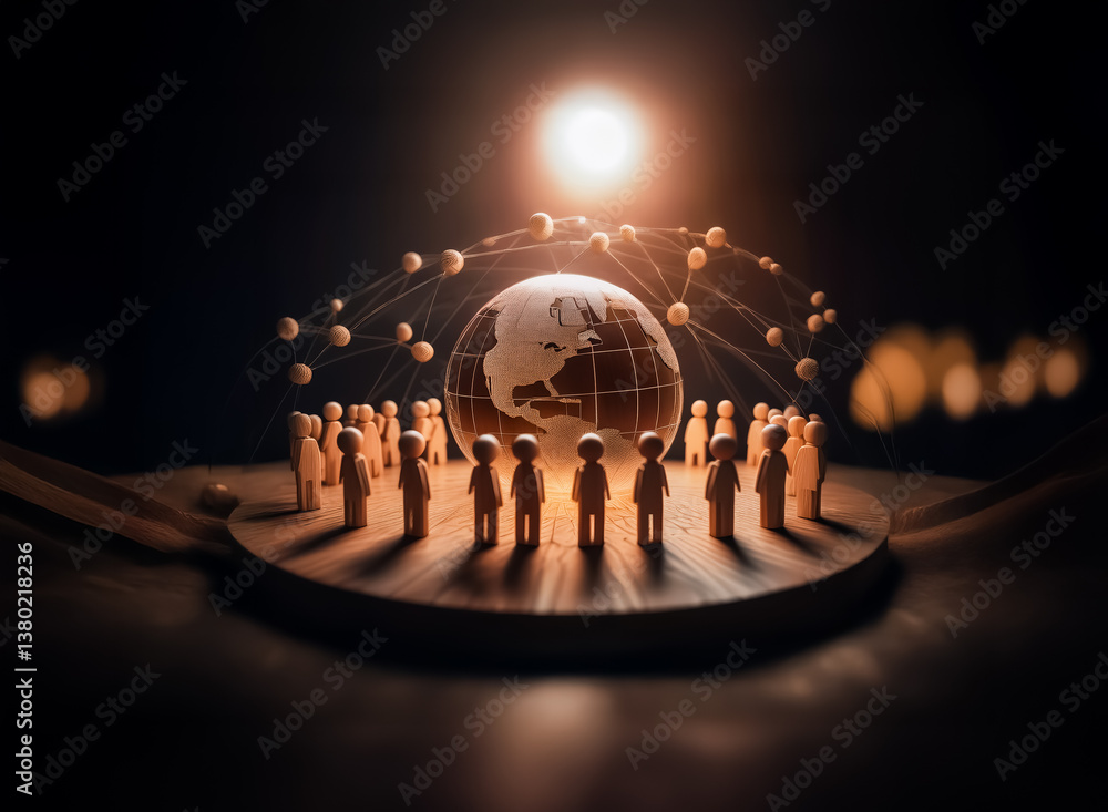 Leinwandbilder wooden figures encircle a glowing globe on a platform, connected by lines under a spotlight, symboli