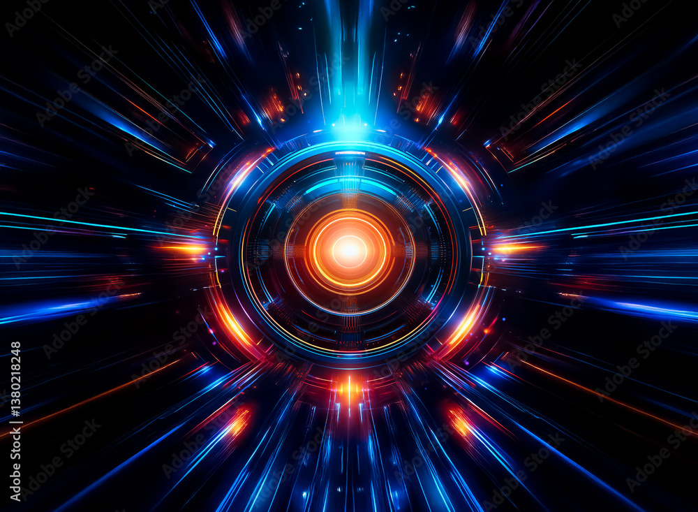 Poster an abstract, colorful, symmetrical design of light trails emitting from a bright, central point, wit