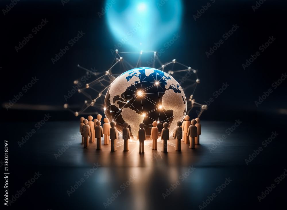 Poster World globe surrounded by people figures, bathed in bright light.  Connections link the globe and figures, representing a global network and community.