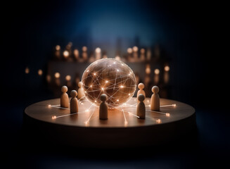 Wooden figures encircle a radiant sphere on a platform, connected by light trails. A dark backdrop with bokeh lights suggests a global network and digital connection.