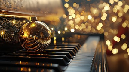 Christmas ornament sitting on piano keys with festive background