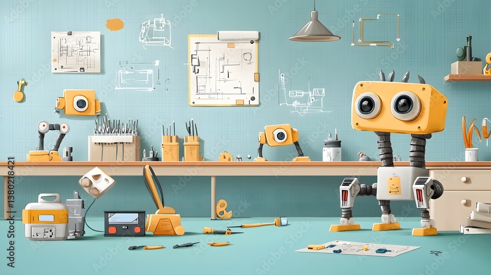 Fototapete A whimsical retro inspired workspace filled with half assembled robots toolkits and technical schematics reflecting the creativity and innovation of a robotics engineer