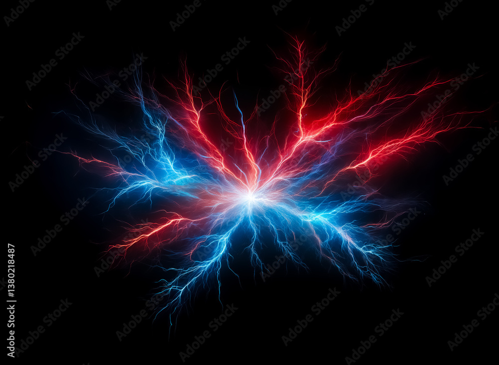 Aufkleber a vibrant display of electrifying energy bursts forth against a black background. red and blue crack