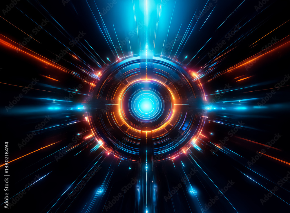 Fototapete Abstract digital art with vibrant blue and orange lights emanating from a central point. Concentric circles and radial lines create a dynamic, futuristic, and energetic visual.