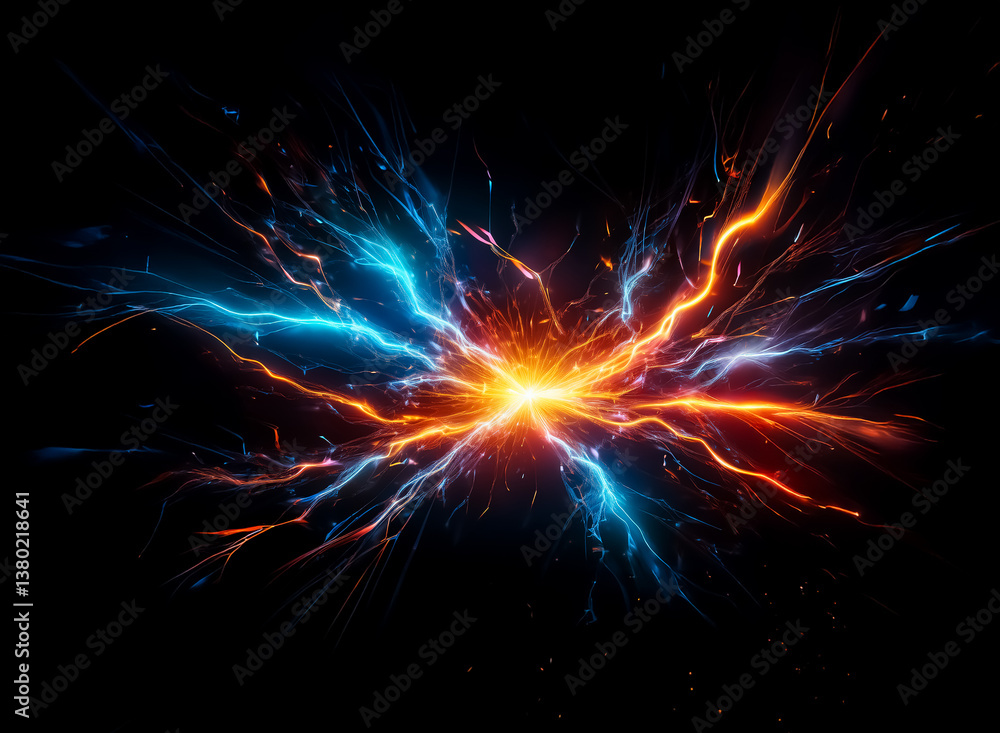 Fototapete Vibrant energy burst on black backdrop. Fiery orange and cool blue streams radiate from a central bright point, creating a dynamic and powerful visual effect.