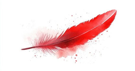 Vibrant red feather, watercolor style.  Delicate, single feather, vivid crimson hue, soft watercolor texture, artistic illustration, isolated against white background.