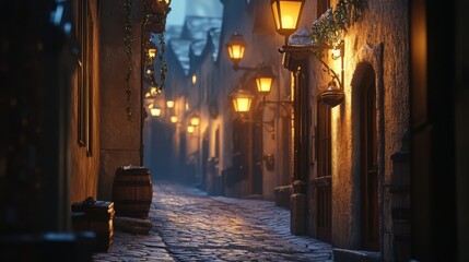 Fototapeta premium Nighttime Alleyway: An atmospheric cobblestone alleyway at dusk, with vintage lanterns casting a warm glow upon aged stone buildings. Evoking mystery and historical charm.