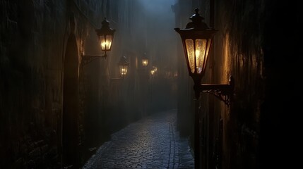 Obraz premium Echoes of Yesterday: An atmospheric shot of a historic European alleyway, illuminated by the soft glow of vintage lamps, evokes a sense of mystery and the passage of time.