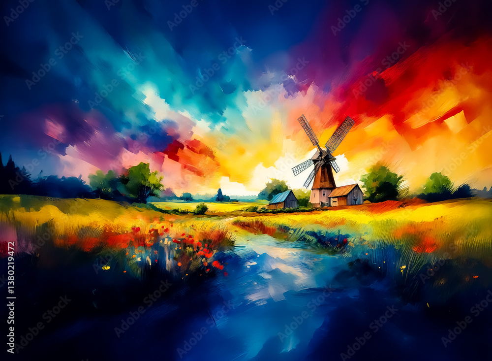 Aufkleber a vivid, colorful landscape features a traditional windmill in a field of golden yellow and vibrant 