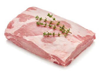 Fresh Raw Pork Loin Roast with Thyme, Uncooked Meat Ingredient for Culinary Recipes, Isolated on White
