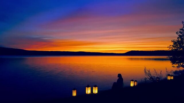 Sunset over the river person setting lake with reflections in the calm water, orange and red sky, and a peaceful landscape