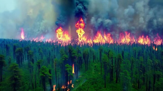 Orange and red flames burning  forest with smoke and intense heat in the sky
