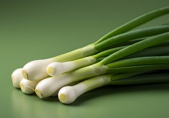 Fresh Green Onions on Green Surface Healthy Vegetable Food Ingredient.