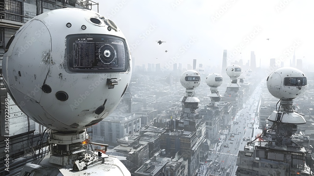 Poster an array of advanced spherical surveillance devices positioned throughout a futuristic cityscape cre